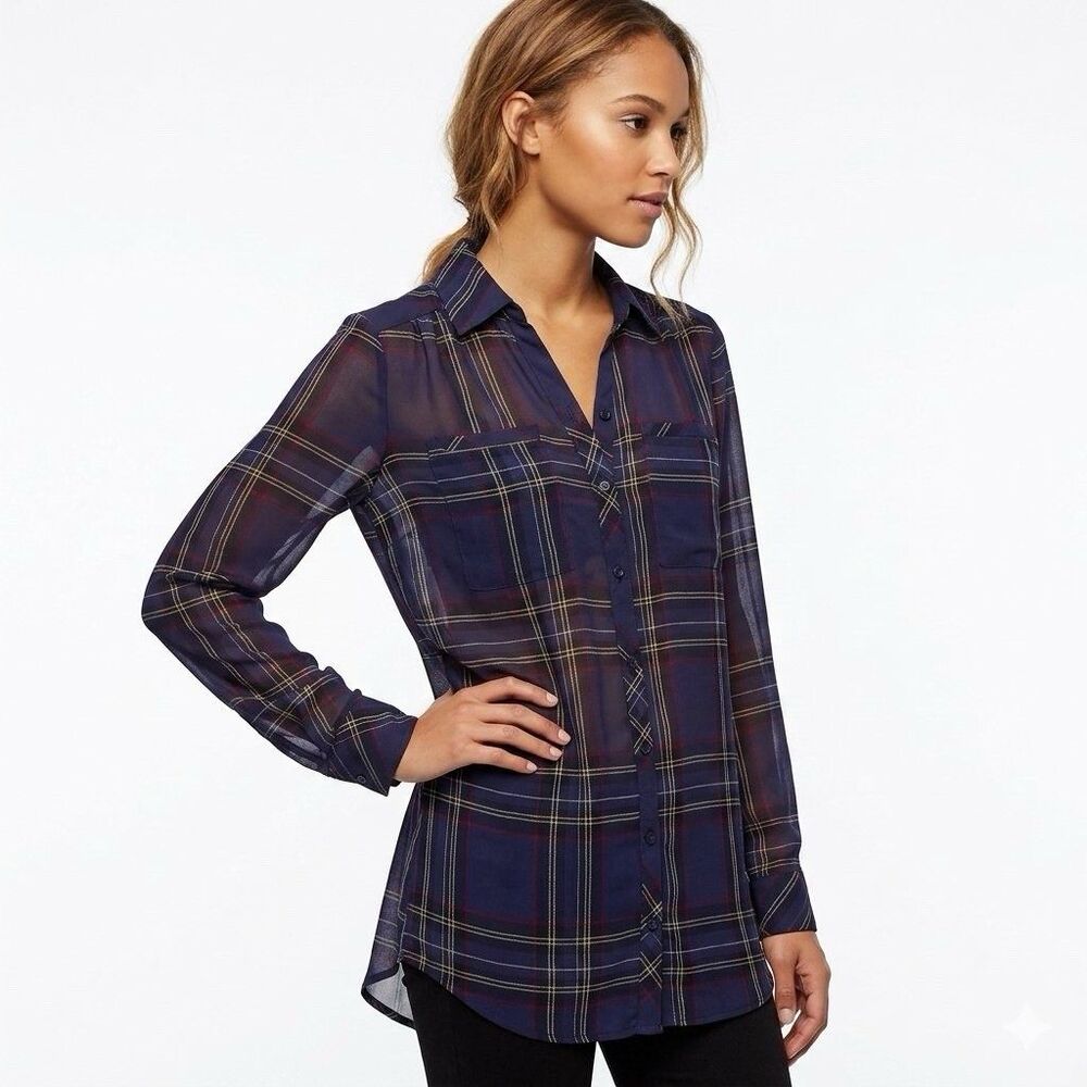 GUESS Women Small Button Up Shirt Chiffon Plaid Blue Long Sleeve